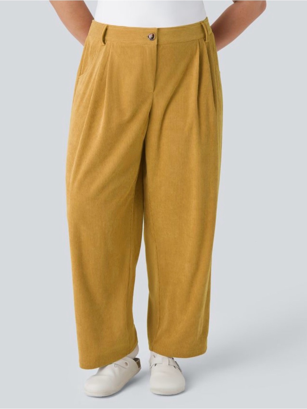 Halara Mustard Yellow Corduroy Wide Leg Pants XL Mid Rise Pleated Stretch Casual